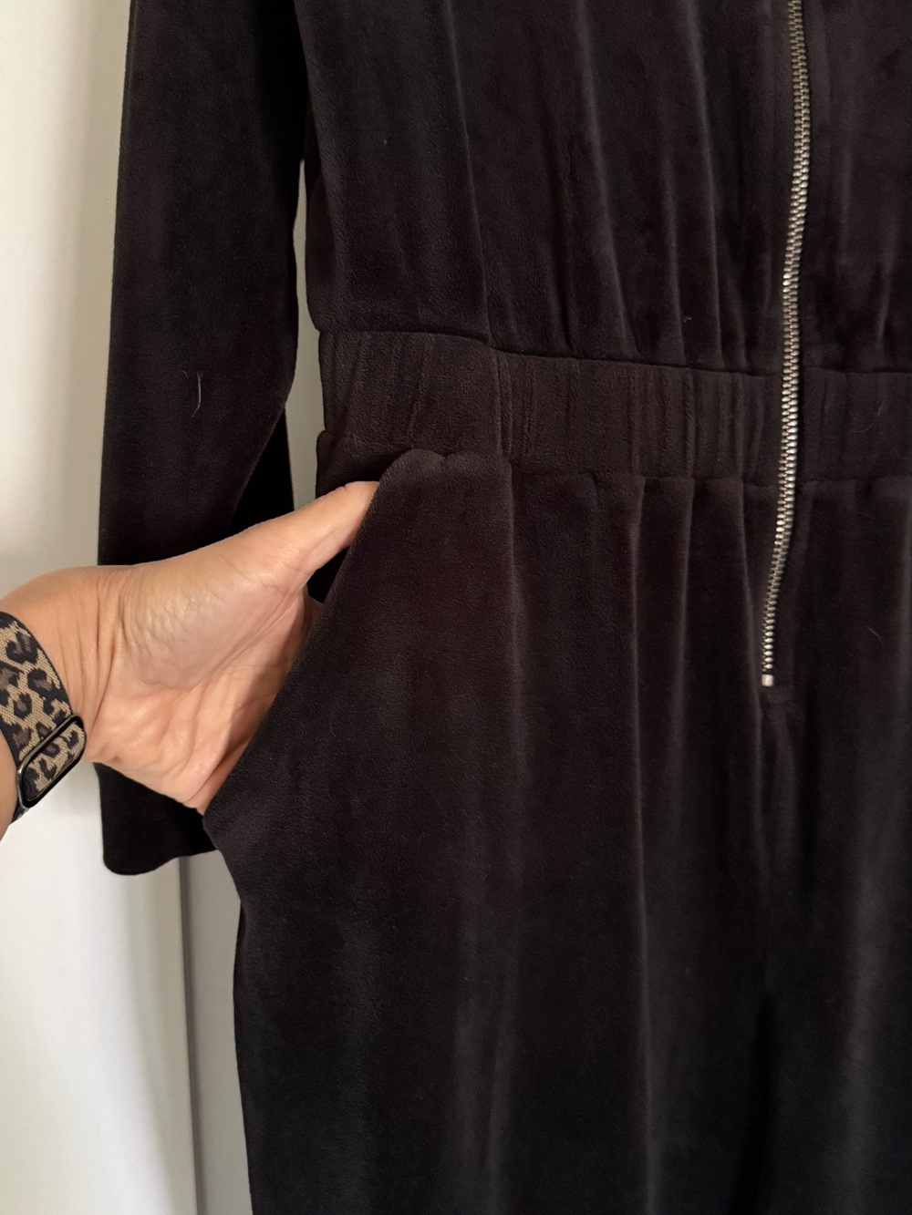 Black Velour Zip-Front Jumpsuit with Elastic Waist